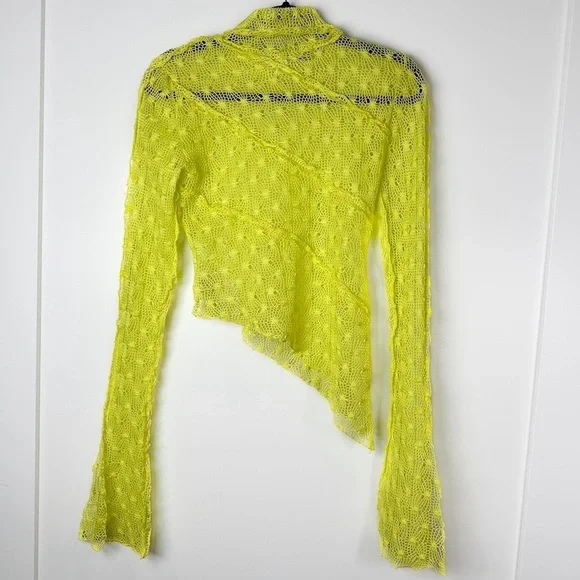 KIM SHUI Exclusive Asymmetrical Sheer Crochet Turtleneck Top Neon Yellow Size S - Picture 10 of 12